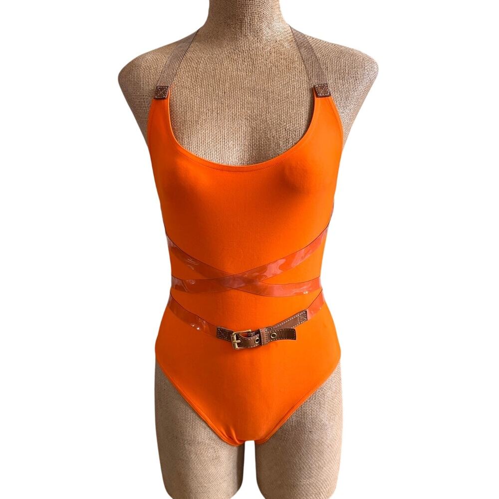 Michael Kors Orange Bathing Swimsuit Wrap Around Vinyl Criss Cross Belt Size 4